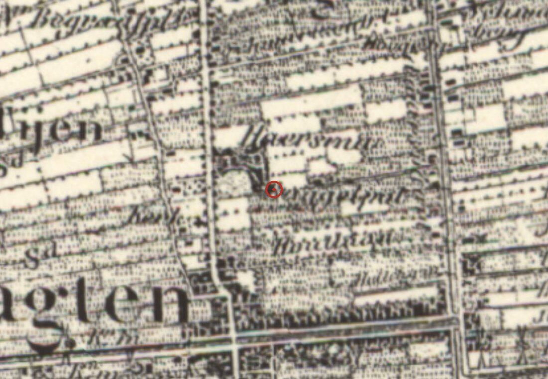 Topografische kaart van de omgeving van Torenstraat 36 rond 1865